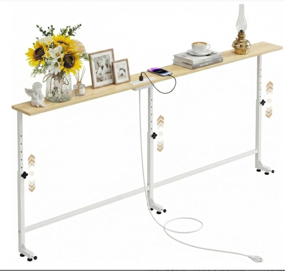 70.9" Narrow Sofa Console Table w/ Charging Station Adjustable Height Oak